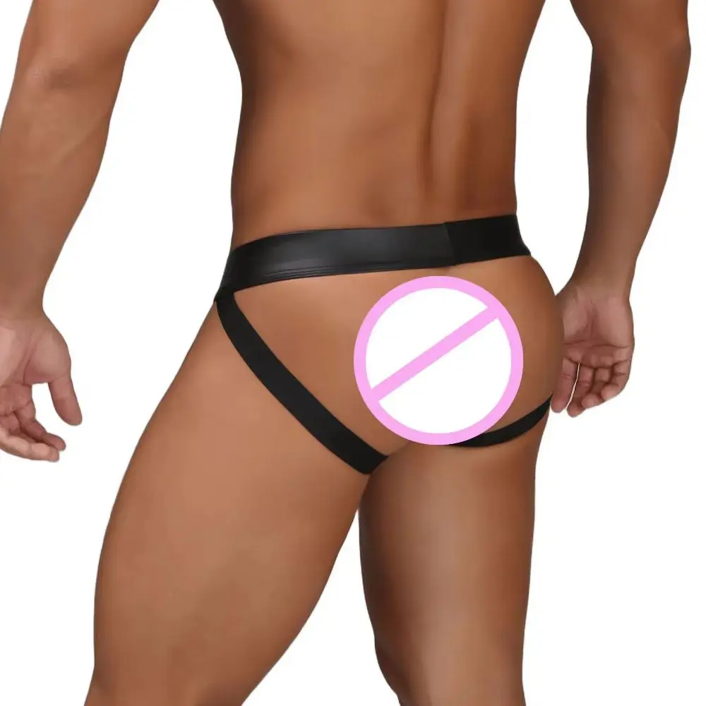 Men's Underwear Jockstrap Sexy PU Faux Leather Thong Rivet Buckle Detachable Bulge Pouch Backless G-string Thongs