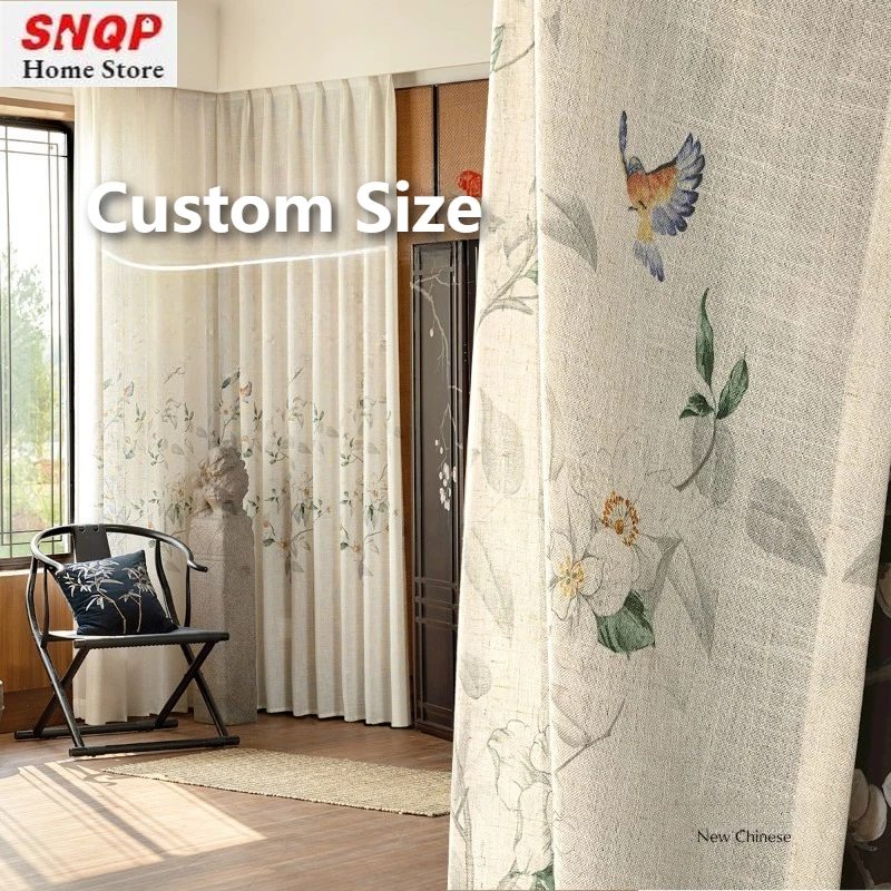 

Custom Size Chinese Linen Gauze Curtain Ancient Style Sun Protection High-end Luxury Curtains for Living Dining Room Bedroom