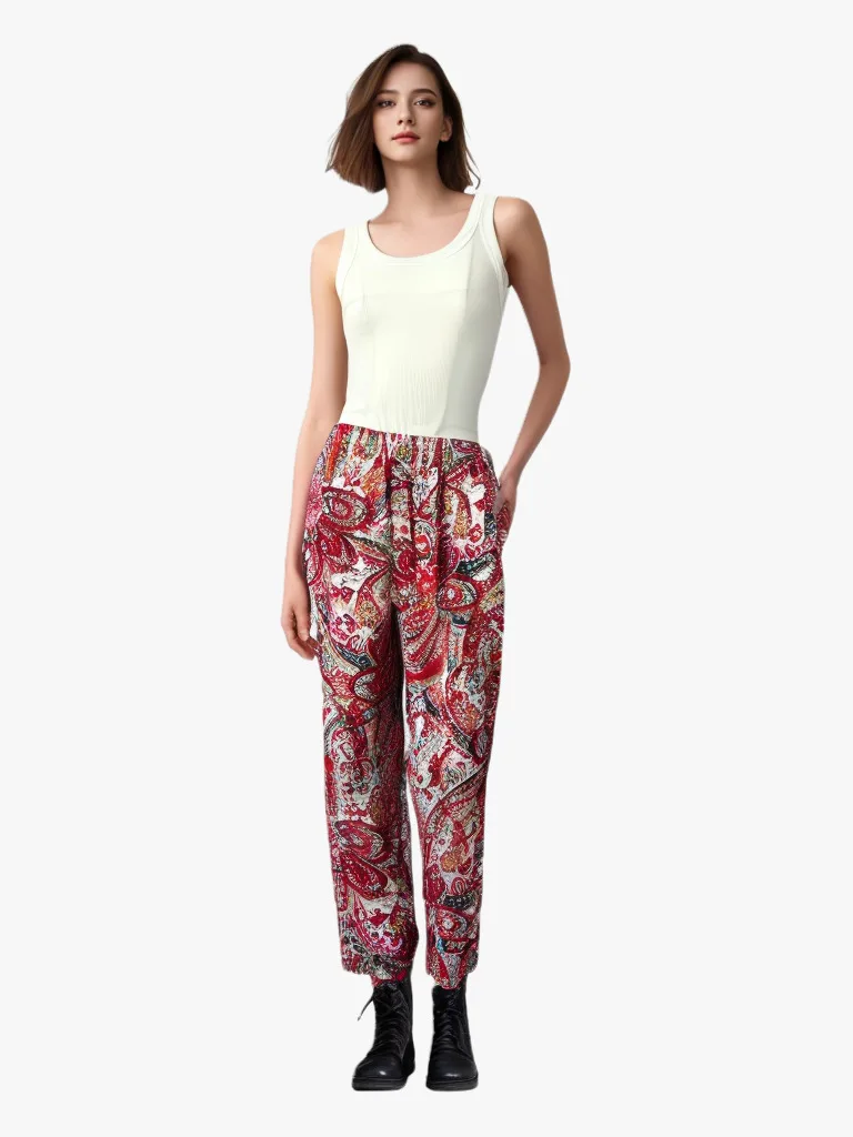 Women\'s Bohemian printed casual pants, comfortable and breathable fabric, sunscreen, mid waist lantern pants