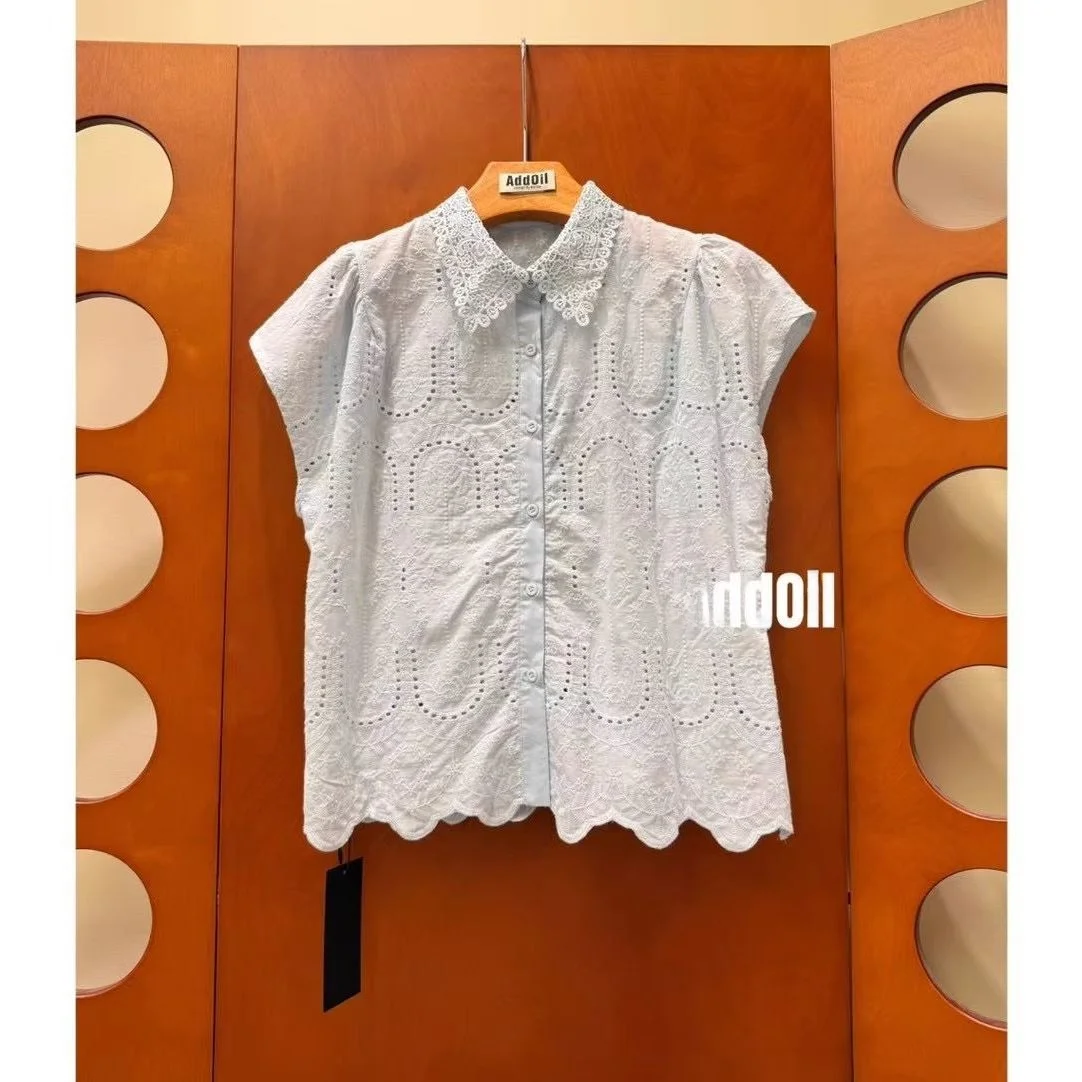 

Sweet Net Version Hollow out ort Sve Collar Lace Trim Summer Women's irt Vest Dongda Gate European Sle Faionable