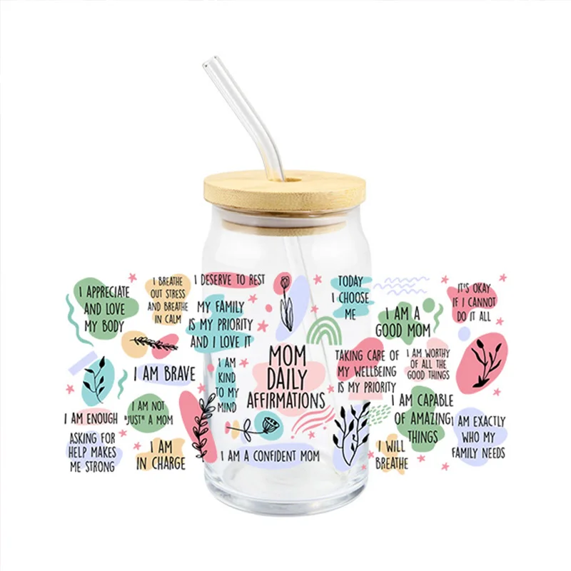 Mom ежедневные утверждения УФ DTF Передача Водонепроницаемый для стеклянных стаканчиков банки с запросом помощи делает меня сильным DIY бутылки легко использовать