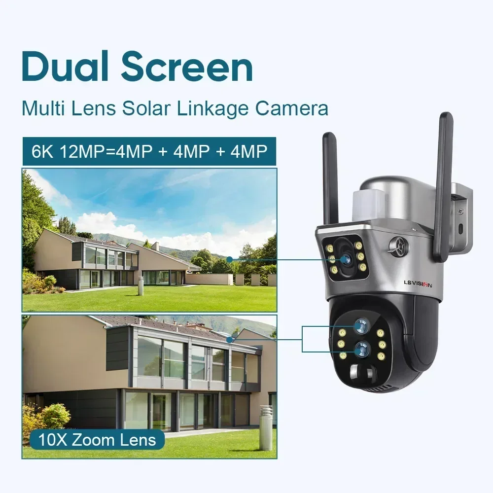 LS VISION 12MP 10X Zoom Dual Screen Solar Camera Outdoor 6K 4G/WiFi Three Lens Human Auto Tracking Security Cameras V380 Pro App