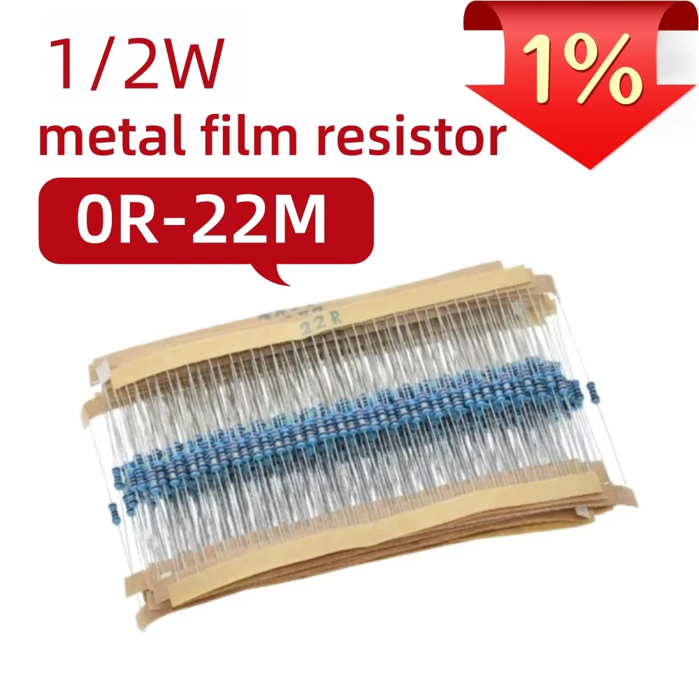 100pcs,0.5W 0R-22M 1% Metal Film Resistor 1/2W 0 2.2 10 100 150 220 270 330 470 1K 2.2K 4.7K 10K 47K 100K 470K 1M 10M 20M Ohms