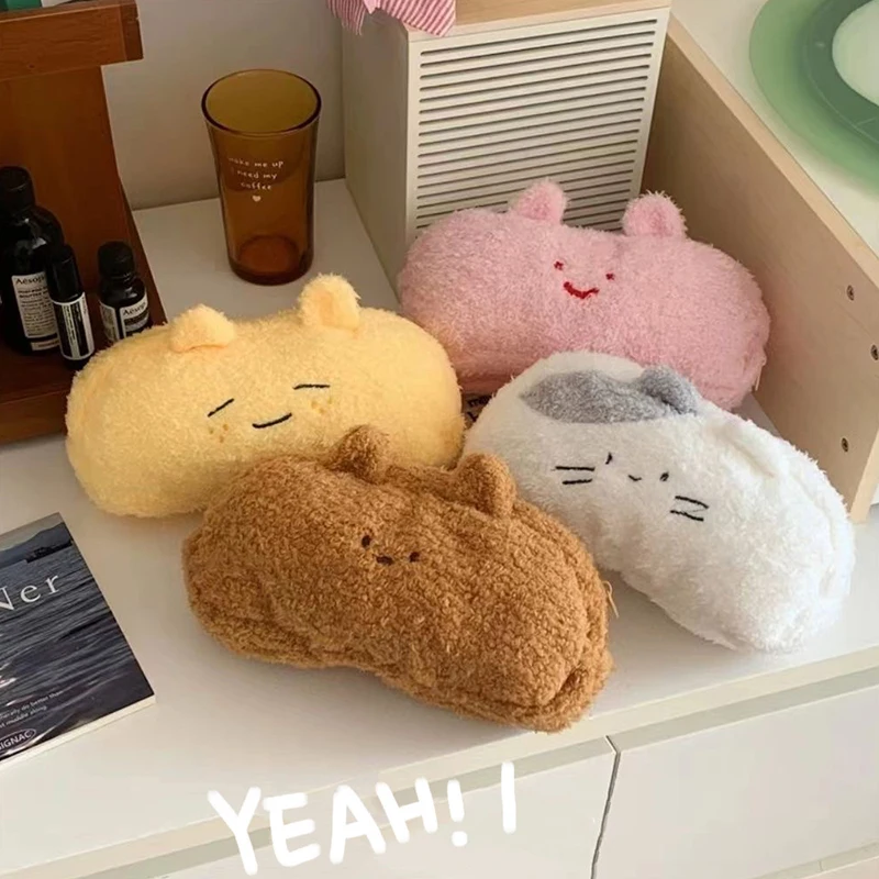 Kawaii boneka kucing susu kantong tempat pensil lucu ritsleting berbulu kapasitas besar tas pensil perlengkapan tas penyimpanan alat tulis sekolah