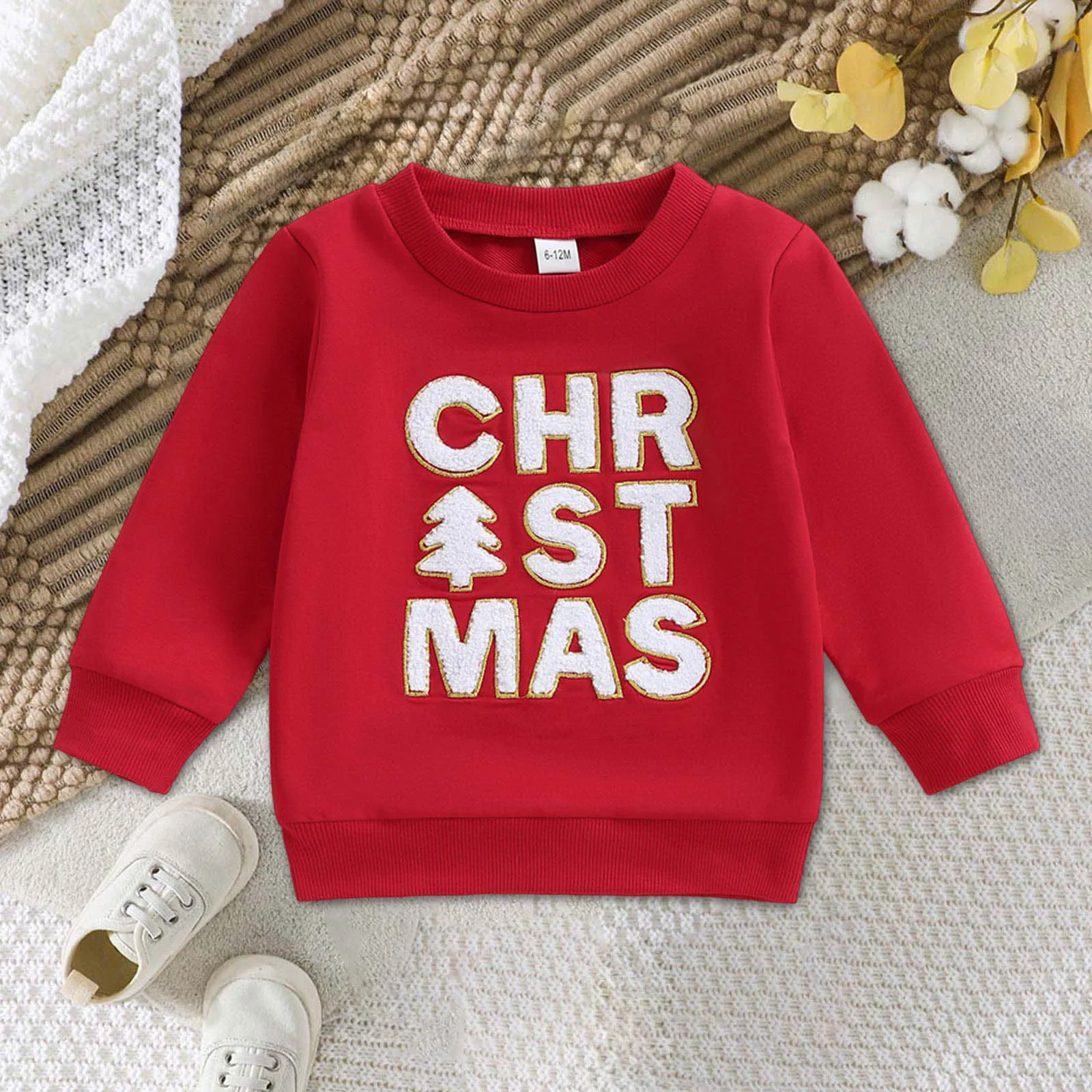 

Baby Boys Christmas Sweatshirt Letter Embroidered Long Sleeve Crew Neck Red Sport Pullover Top Christmas Holiday Clothing