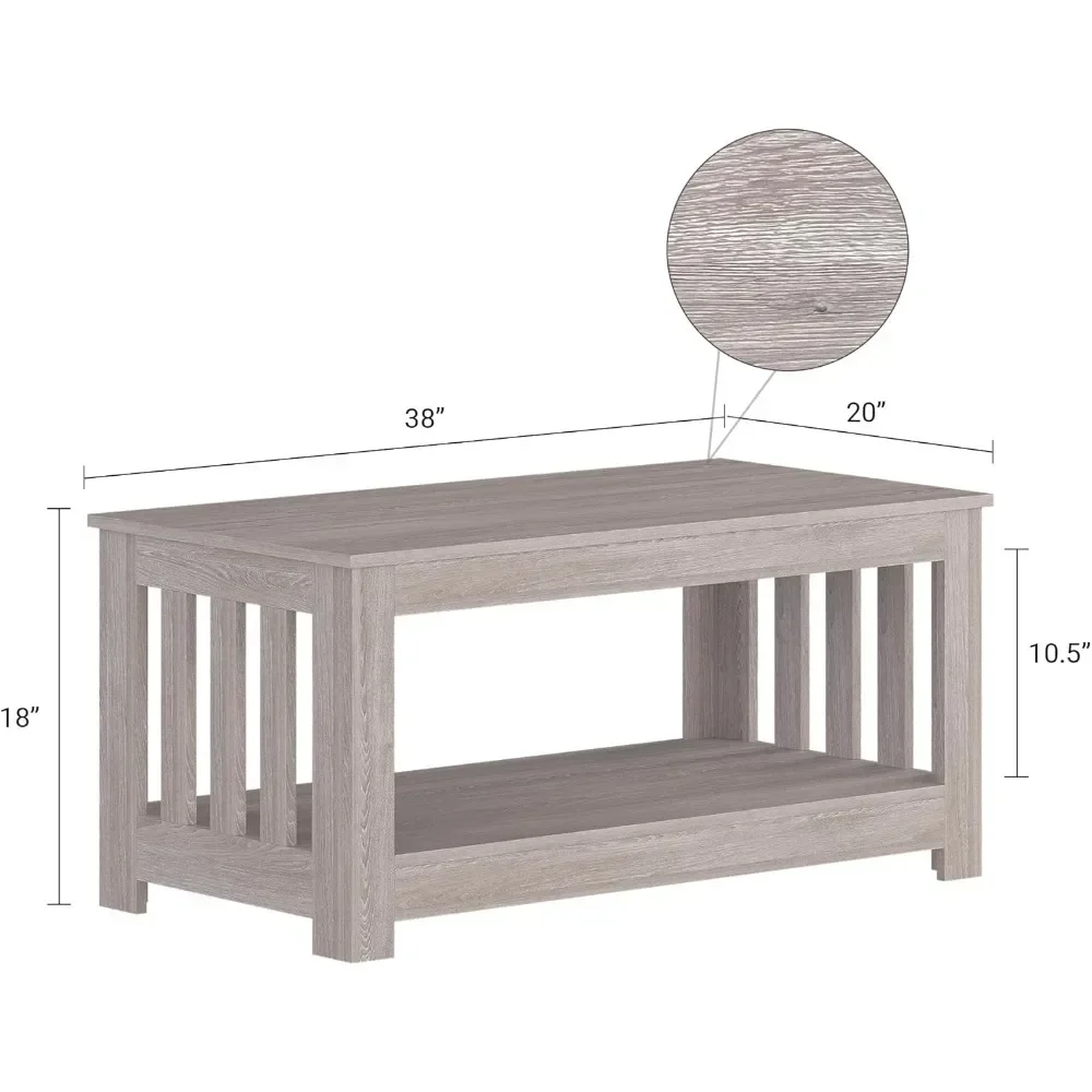 Wooden One Style Fits All Coffee Table - Gray Wash Coffee Table, 2-Tier Rectangular Unique Coffee Table for Living Room