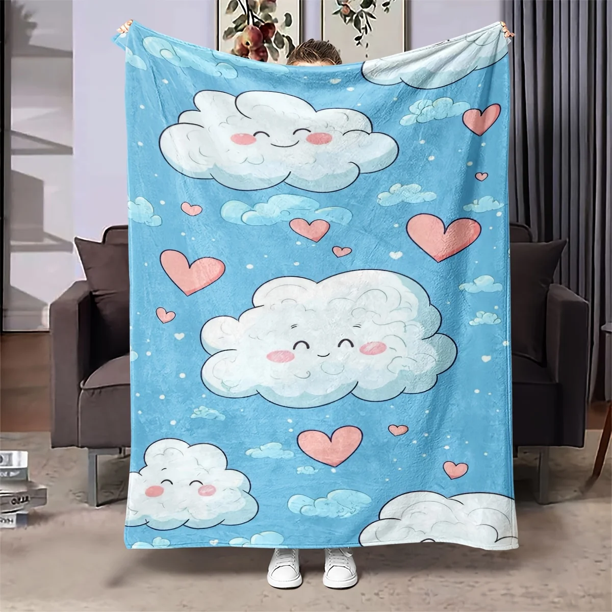 

Cute Smiling Cloud Blanket, Kawaii Heart Pattern Soft Fleece Throw for Sofa Bed, Cozy Pastel Decor Gift for Girls & Kids