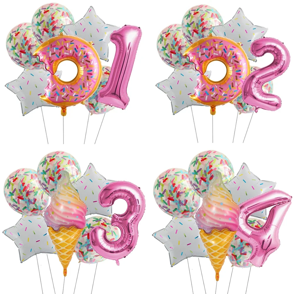 7pcs Candy Ice Cream Donut Pink Lollipop Foil Balloons 32inch 0-9 Number Balloons Set Girls Birthday Party Baby Shower Decorati