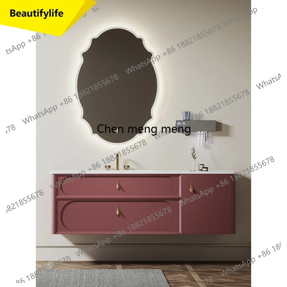 

6239 Oak French Retro Bathroom Cabinet Smart Mirror Cabinet Combination Wash Table Rock Slate Hot Bending Integrated Basin