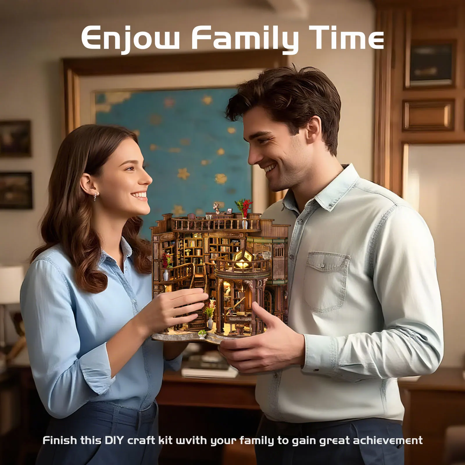 3D Retro Dreamy Book Hall Fai da te Casa in legno Figurine Miniature Kit Decorazione della scrivania di casa per regali di Natale fatti a mano per adulti