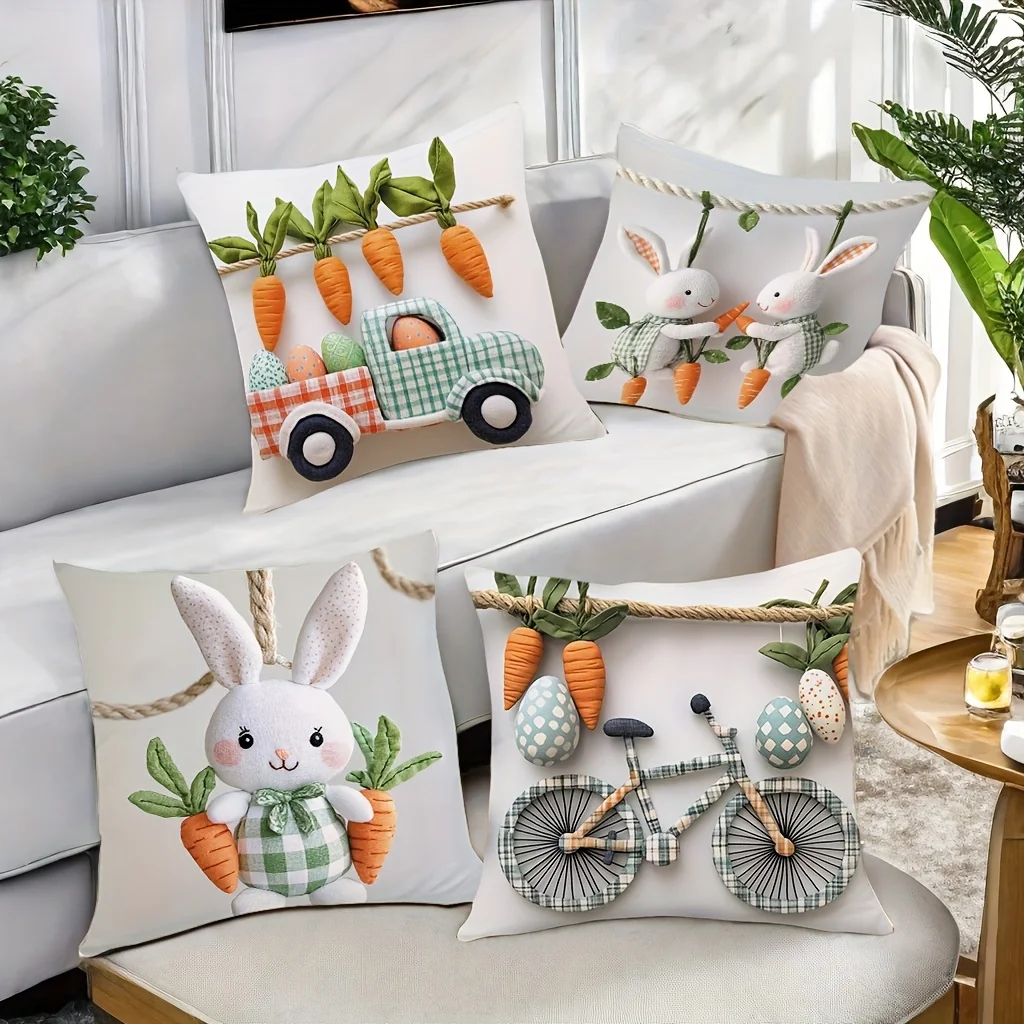 4Pcs Easter Bunny Carrot Cushion Covers 45x45cm Double-sided Printed Pillow Cases Home Decor Throw Pillows No Insert