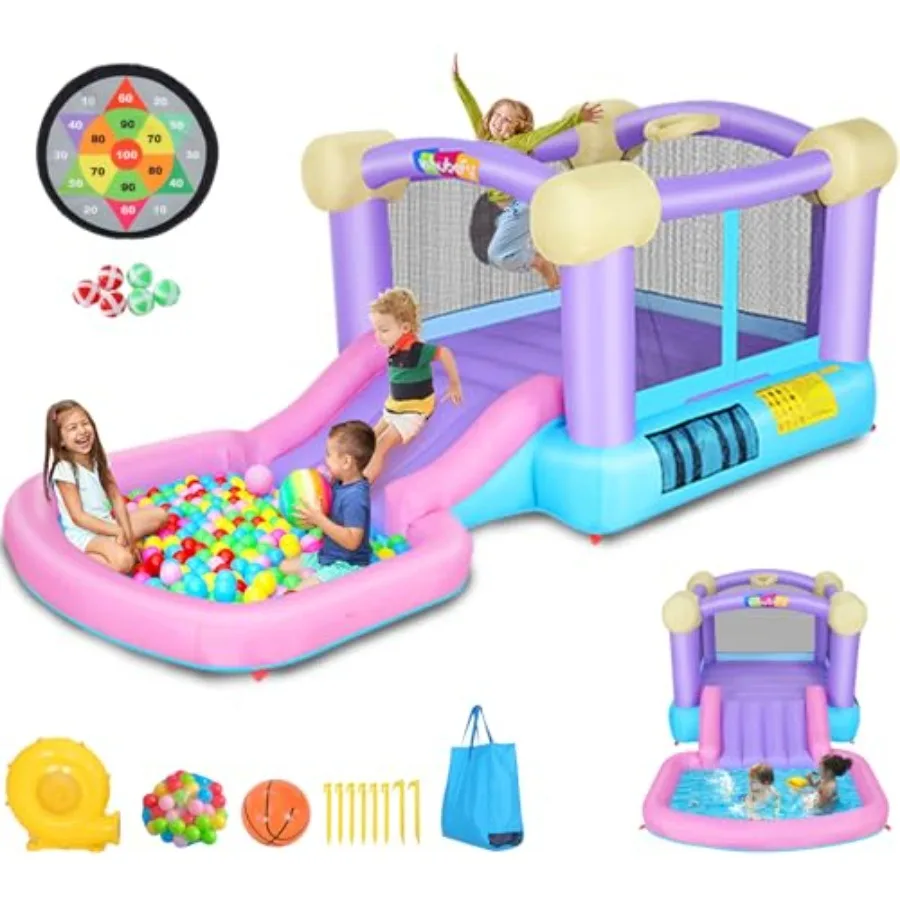 

Inflatable Pink Bounce House for 28 with Slide Ball Pit 50 Ocean Balls 161x82x63'' Jumping Castle w Blower Basketball Hoop Dart