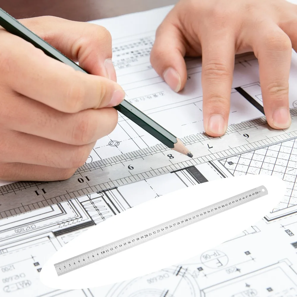 Gerades Lineal aus Edelstahl und Metall, 50 cm, Handwerkzeuge, präzises doppelseitiges Messwerkzeug, DIY-Zeichnung, Zentimeter-Zoll-Skala