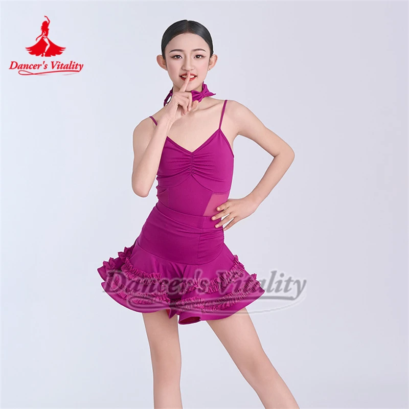 Kinderen en adolescenten Paars-rode Sling Tops + Bouffant Rok Danspak Latin Dance Training Kleding Danser Vitaliteit