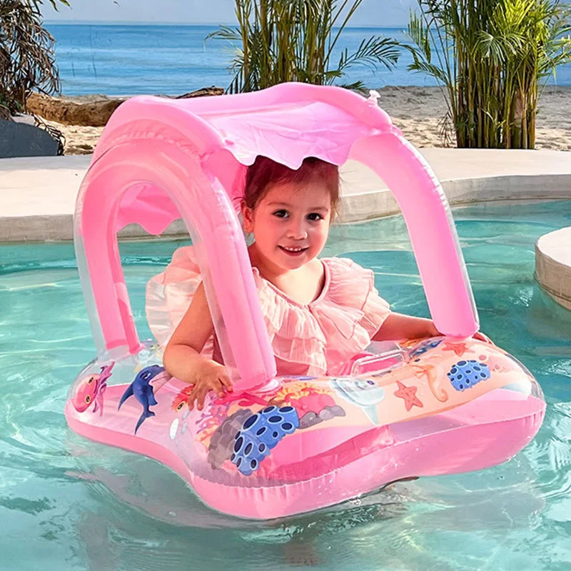Baby Swimming Float with Sun Canopy Toddler Inflatable Swim Ring Floaties Pool Toys for 0-3Y Float Seat Kids Outdoor Water Toys
