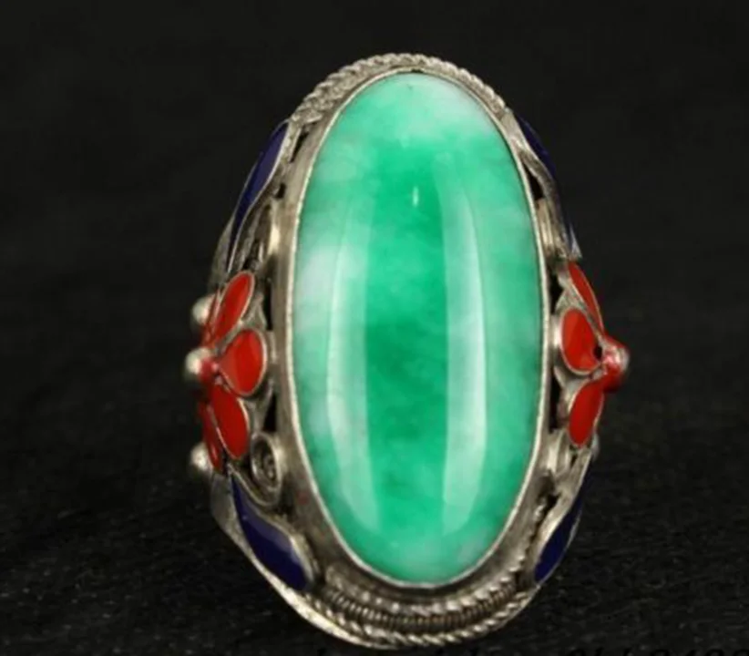 

Superb Old Handwork Natural Green Jade Tibet Silver Enamel Flower Adjust Ring NA