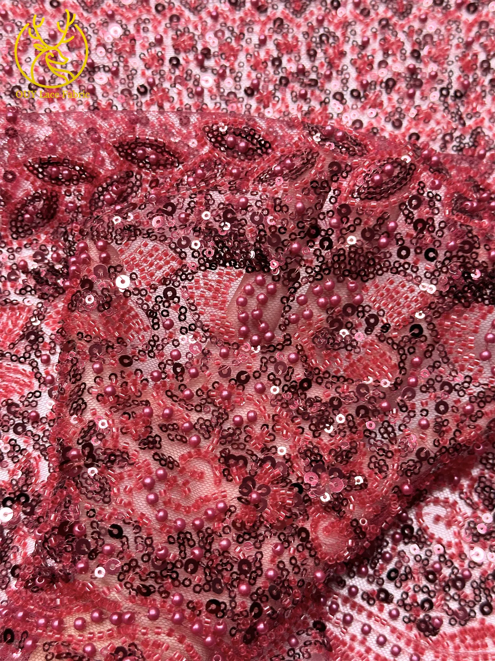 Roter Bräutigam-Perlen-Spitzenstoff 2026 Neuester französischer afrikanischer Mesh-Pailletten-Spitzenstoff Nigerianischer Tüll-Spitze für Brautparty-Kleider – Detail 11