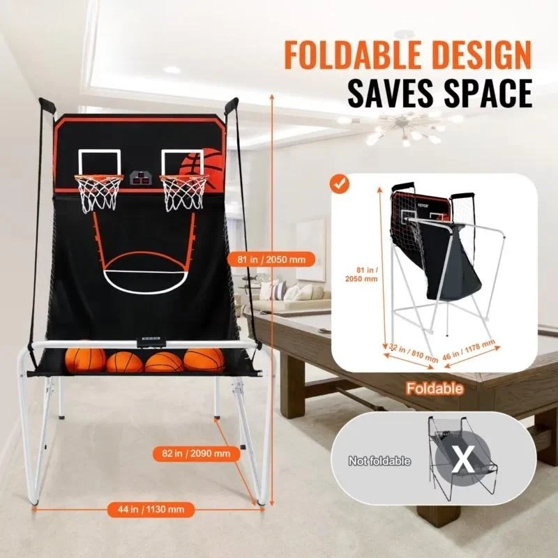 Foldable Basketball Arcade Game 2 Player Indoor Dual Shot Sport Machine with 4 Balls 8 Modes for Kids Adults Home