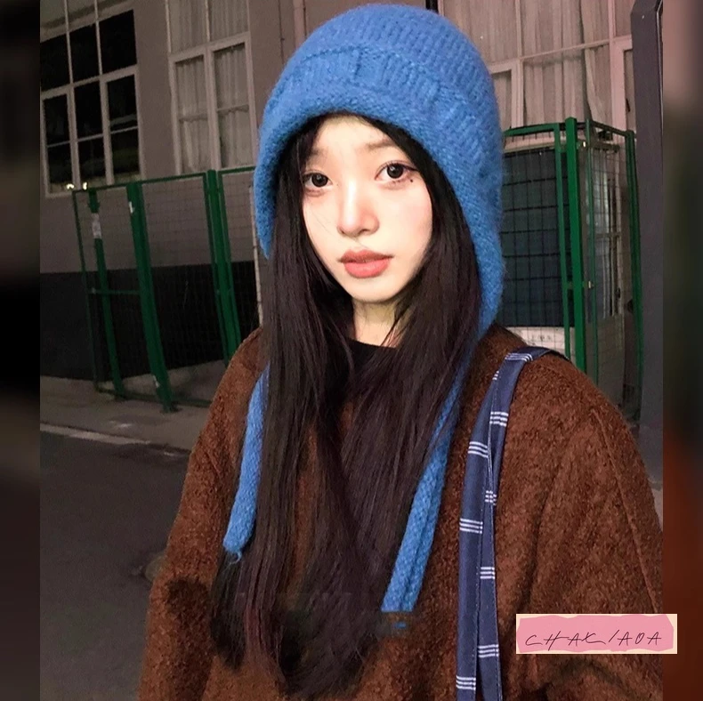 旅行風ショーフェイススモールウールプルオーバーハットブルーリアスプリットデザインストラップニットプラッシュウィザードハット女性秋冬