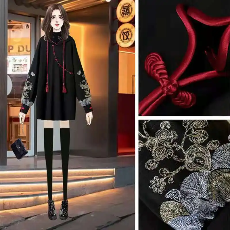 سترة نسائية كبيرة الحجم موضة ربيع 2025 بغطاء للرأس على الطراز الصيني فستان هانفو بأكمام طويلة مطرز سميك شيونغسام