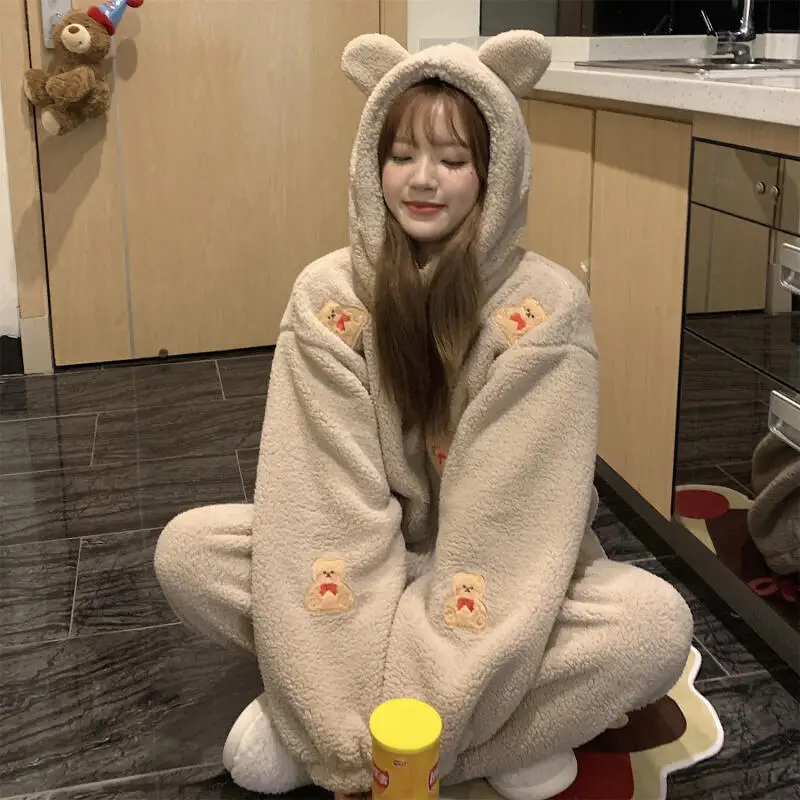 

Утепленные милые пижамы больших размеров для девочек, домашняя одежда, коралловый флис, сохраняющие тепло, осенне-зимняя женская домашняя одежда, ночная рубашка, комплект из двух предметов
