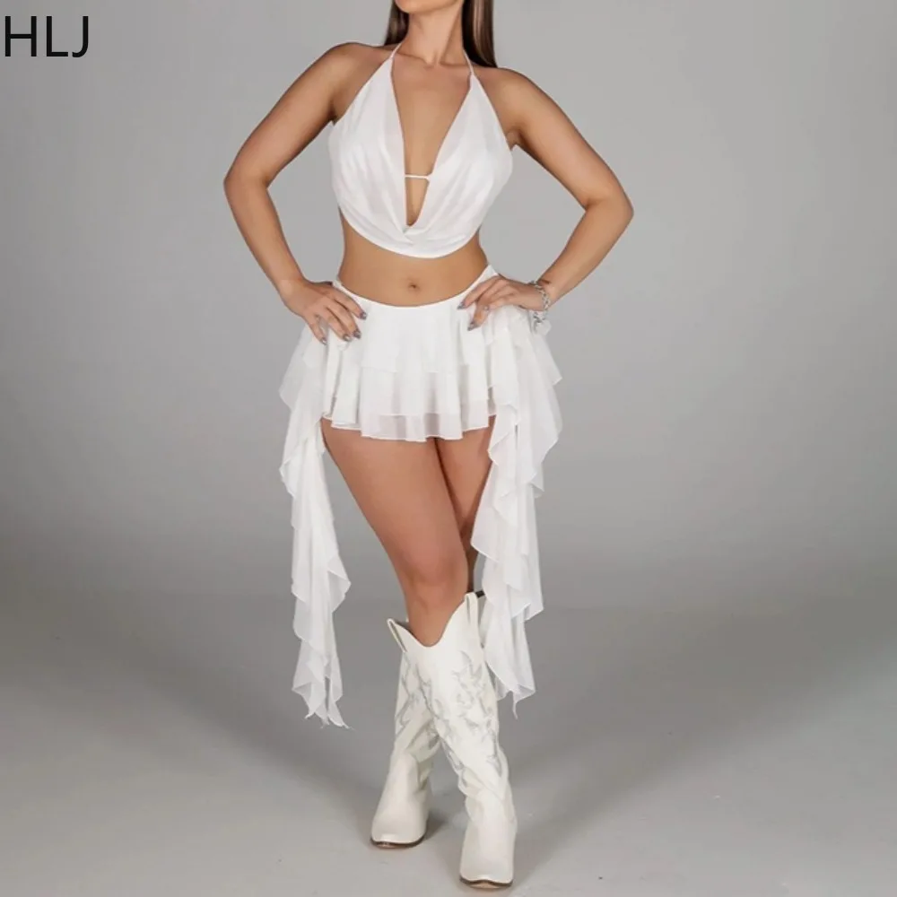 

HLJ Sexy Ruched Patchwork Two Piece Outfits Woman Halter Deep V-neck Backless Crop Top and Skirt Female Streetwear Vestidos New