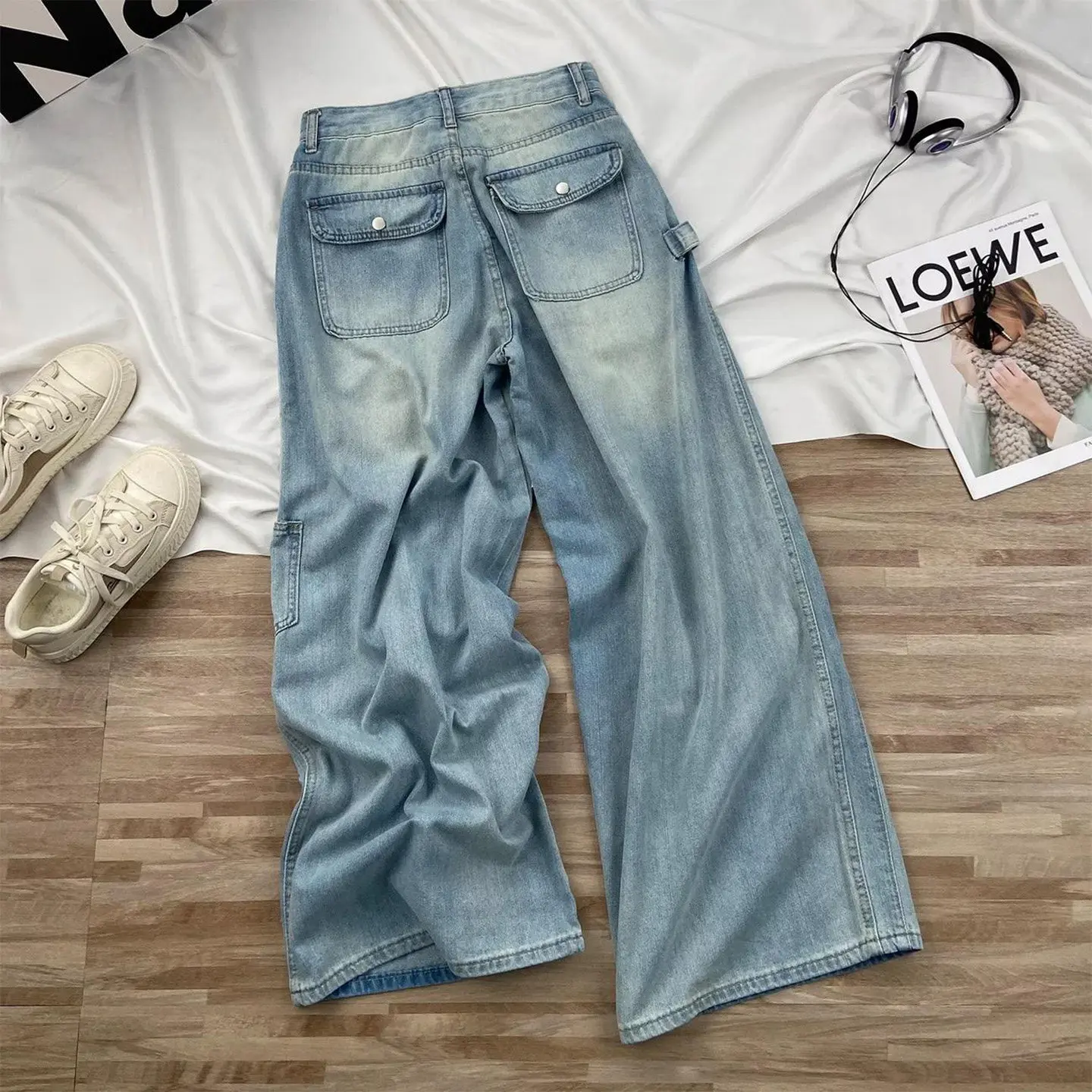 Thin Personalized  Blue Jeans for Women Autumn American Style High Street Slim-looking Pants Casual Loose Pockets Trousers