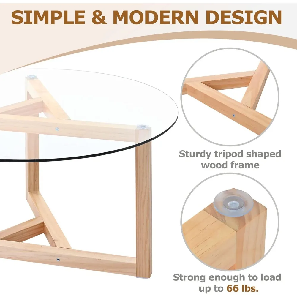 Modern Coffee Table with Storage for Living Room, Including Toptable & Sturdy Wood/Metal Base, Round w/Glass Top, Natural