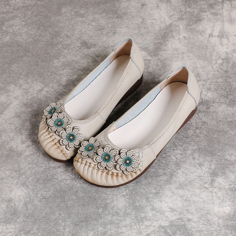 Boho Vintage Echtleder-Ballerinas für Damen, Blumenmuster Slip-On Fahr-Mokassins, Weiche Ethnische Retro-Schuhe, Flache Schuhe für Mütter – Detail 16