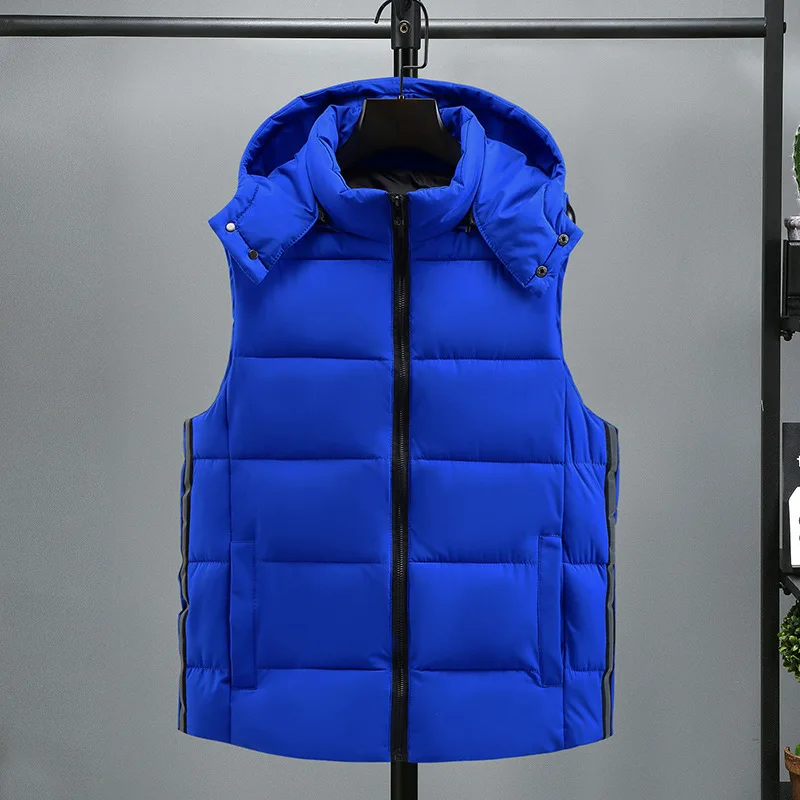 New in Men's Vest Hooded Warm Demi-season Turtleneck Sleeveless Jacket Cotton Padded Waistcoat Male Work Wear Blue 8XL 130KG