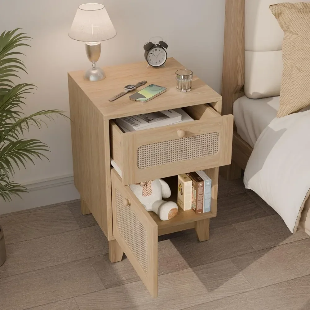 

[Hot Sale, Limited Time Offer!]pair of modern rattan nightstands: drawer and charging station included, wicker rattan stand, woo