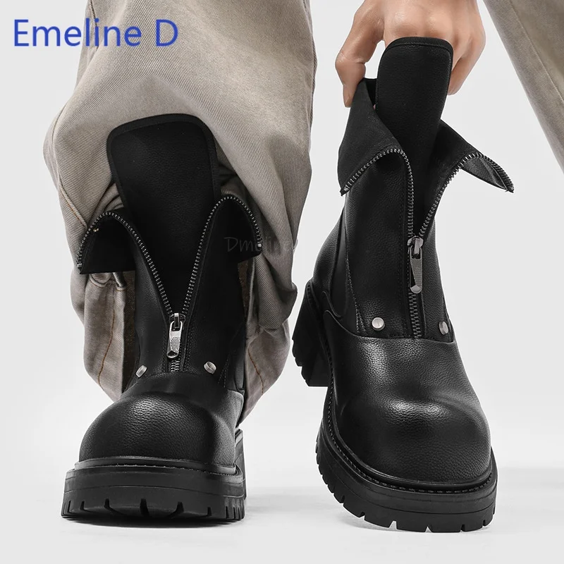 Male Zip Up Ankle Work Boots Distressed Matte Cow Leather Flip Over Zipper Cuff Dual Side Metal Rivet Outdoor Daily Footwear