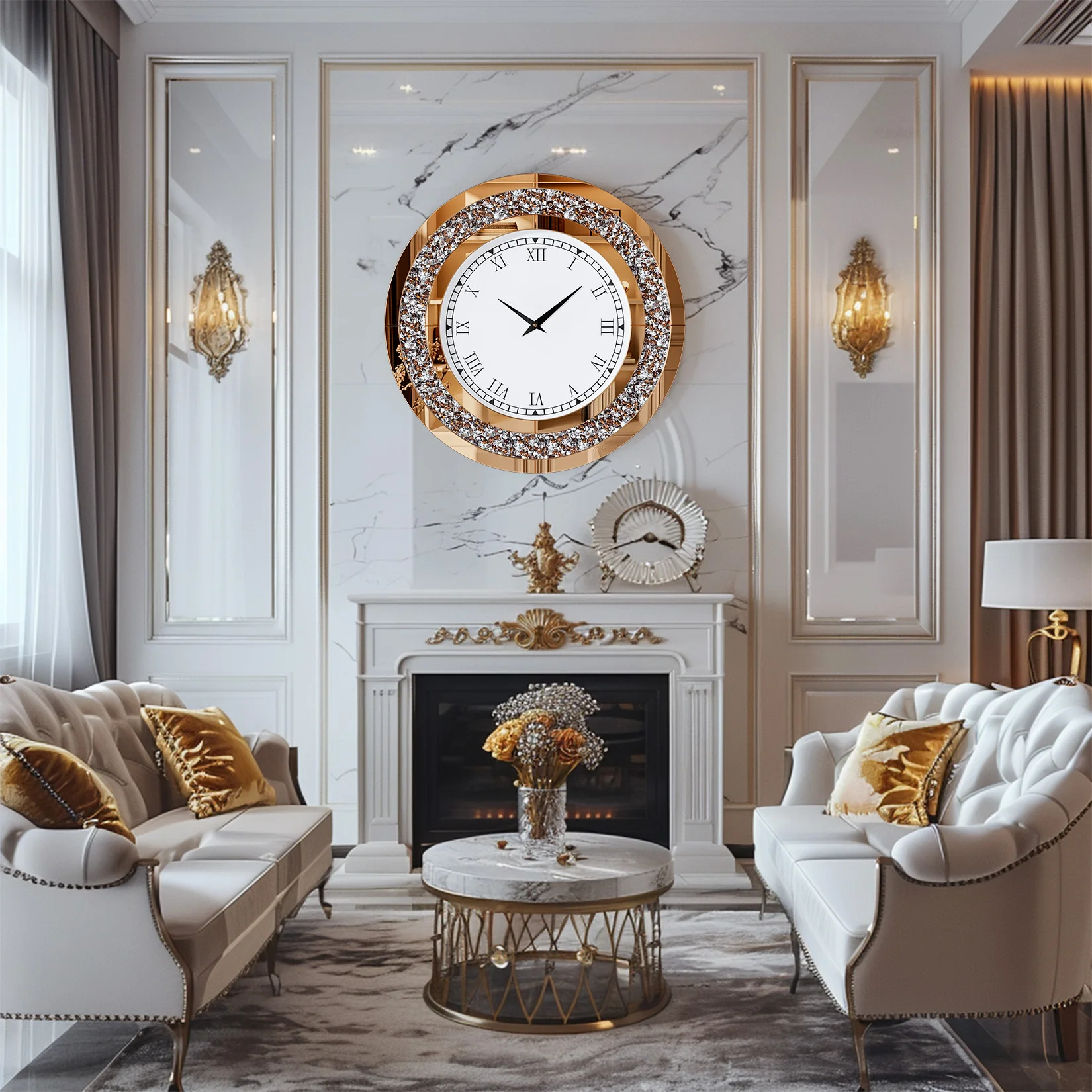 

Silver,Tawny Tinted Round Mirror ,24inch Crystal Sparkle Twinkle Bling Crush Diamond Large Mirrored Wall Clock for Living Room