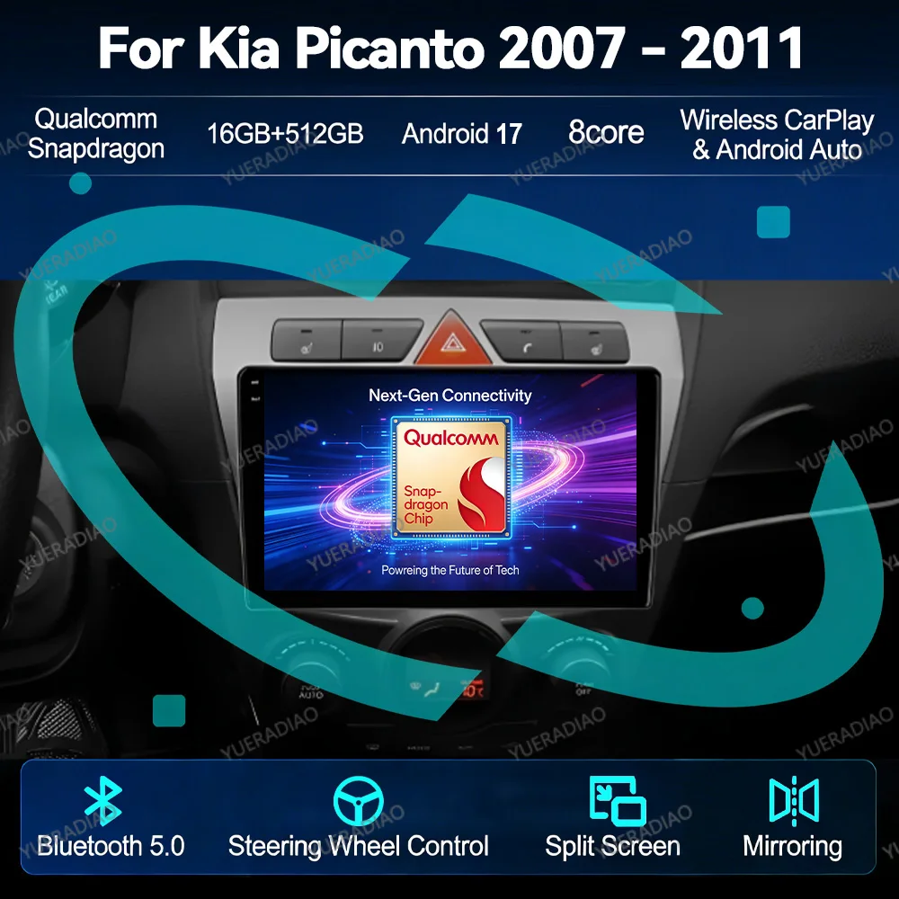 Android 17 Car Radio For Kia Morning Picanto 2007 - 2010 Multimedia Video Player BT QLED Qualcomm 2DIN 4G LTE 5G WIFI GPS NAVI