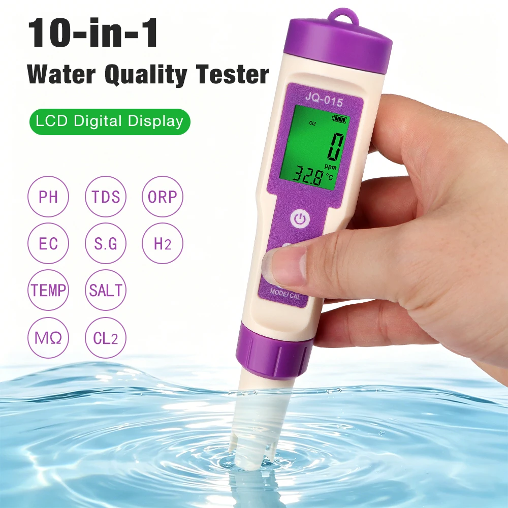 10 In 1 Water Quality Tester Residual Chlorine Meter PH TDS ORP EC S.G H2 Temp Salt MΩ CL2 Detector Water Test Pen for Pool Spa
