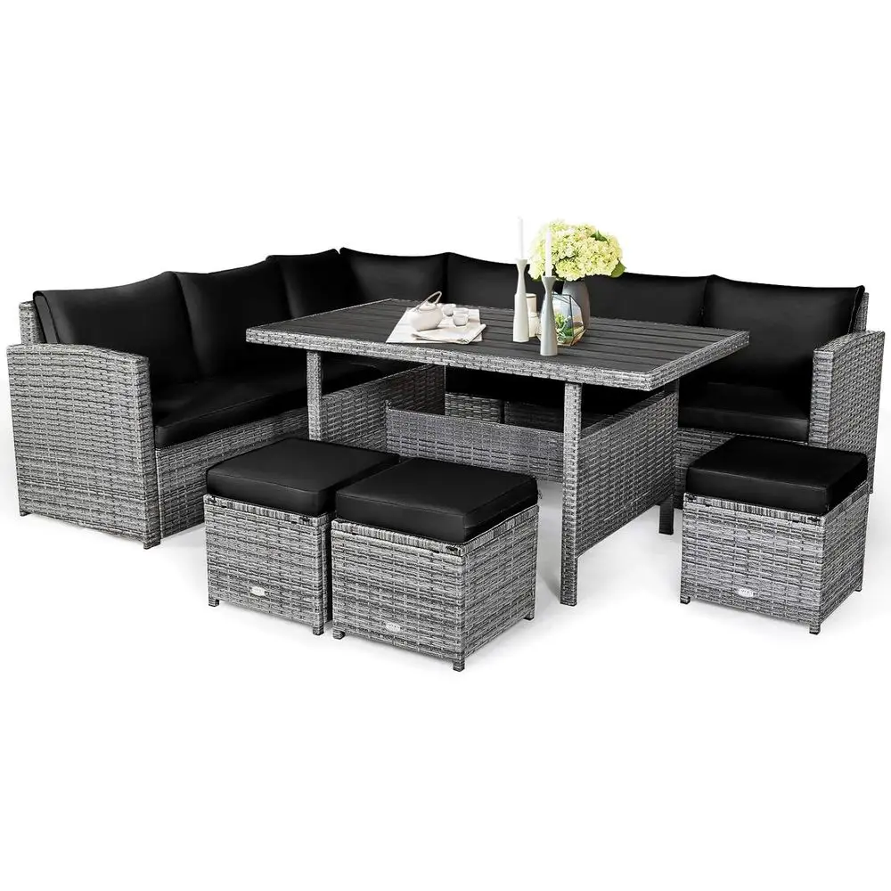 

7-Piece Black Wicker Outdoor Patio Sectional Sofa Set with Cushions for Garden, Poolside, or Porch