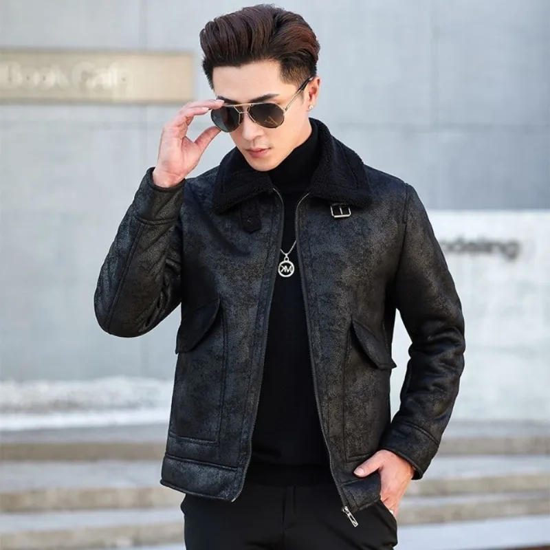 2024 Autumn Winter New Men's Plush Thickened Leisure Leather Coat Middle and Young Male Lapel Zipper Fur Integrated Jacket  C12