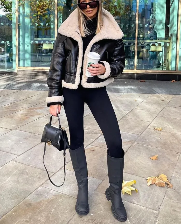 CNACNOO Women Fashion Thick Warm Faux Leather Shearling Jacket Coat Vintage Long Sleeve Flap Pocket Female Outerwear Chic Tops