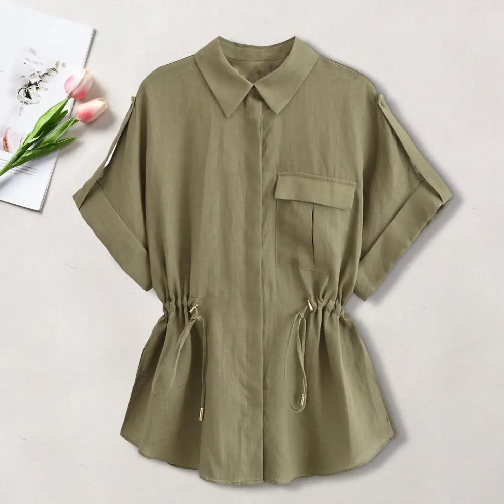 

Drawstring Waist Women Shirt Elegant Lace-up Lapel Shirt Short Sleeve Flap Pockets Single Breasted Casual Shirt Tops Streetwear