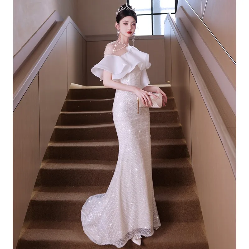 Banquet temperament light luxury small host fish tail dignified white atmospheric dress