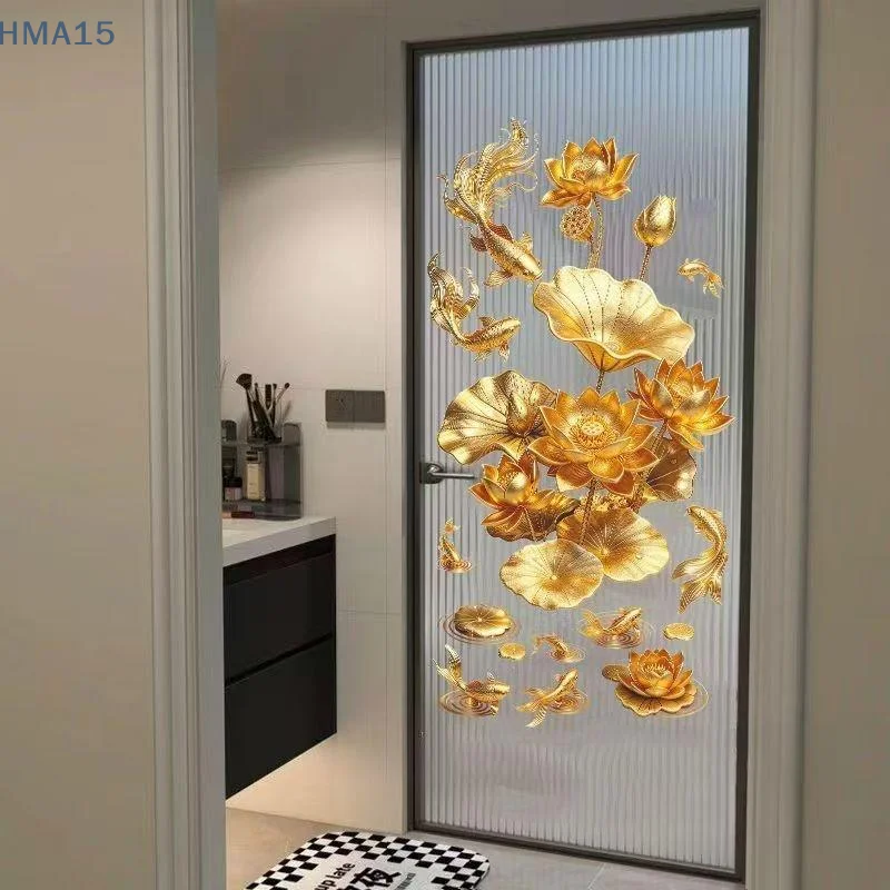 【YA】2Pcs Anti-static Chinese Flower Wall Decals Golden Lotus Koi Pattern Stickers for Hotel Lobby Wall Decor