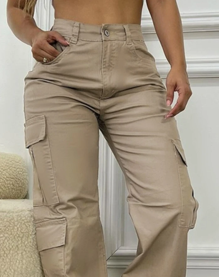 Pantaloni da donna 2024 Autunno Moda Tasca a vita alta Design Tinta unita Casual Dialy Pantaloni cargo lunghi Y2K Streetwear