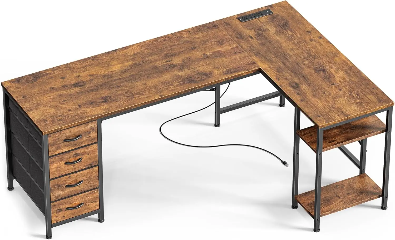 

63' L-Shaped Desk with Fabric Drawers, Power Outlets, USB-C, Storage Shelves, Reversible, Rustic Brown