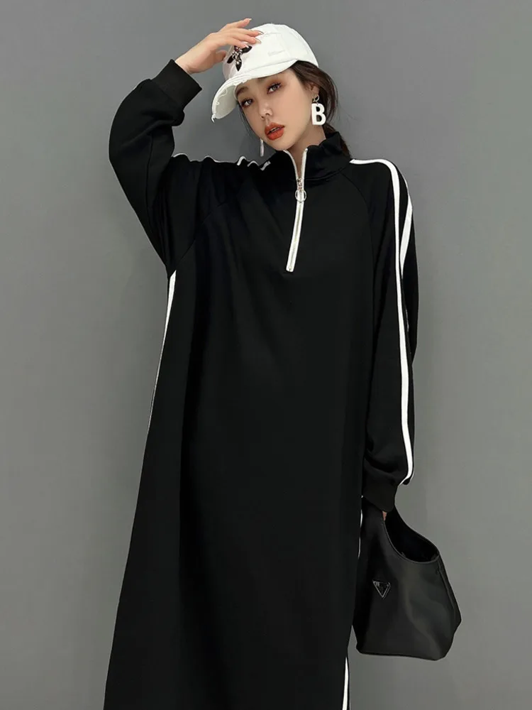 SHENGPALAE Woman Turtleneck Pullover Dress Loose Mid-length Stripe Leisure Age Reduction Dress Black 2024 Spring Autumn 5C1447