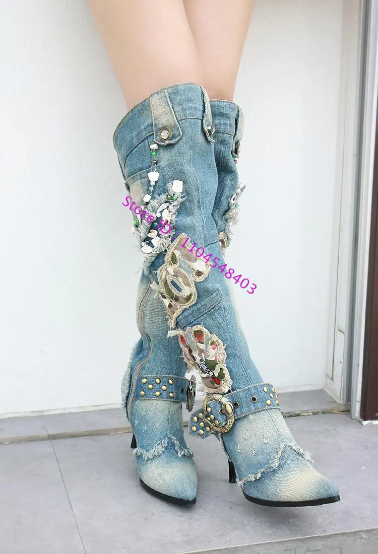 

Thin Heel Motorcycle Jeans Boots Winter Denim Boots Woman High Quality Women Wash Denim Beaded High Heel Knee Length Boots