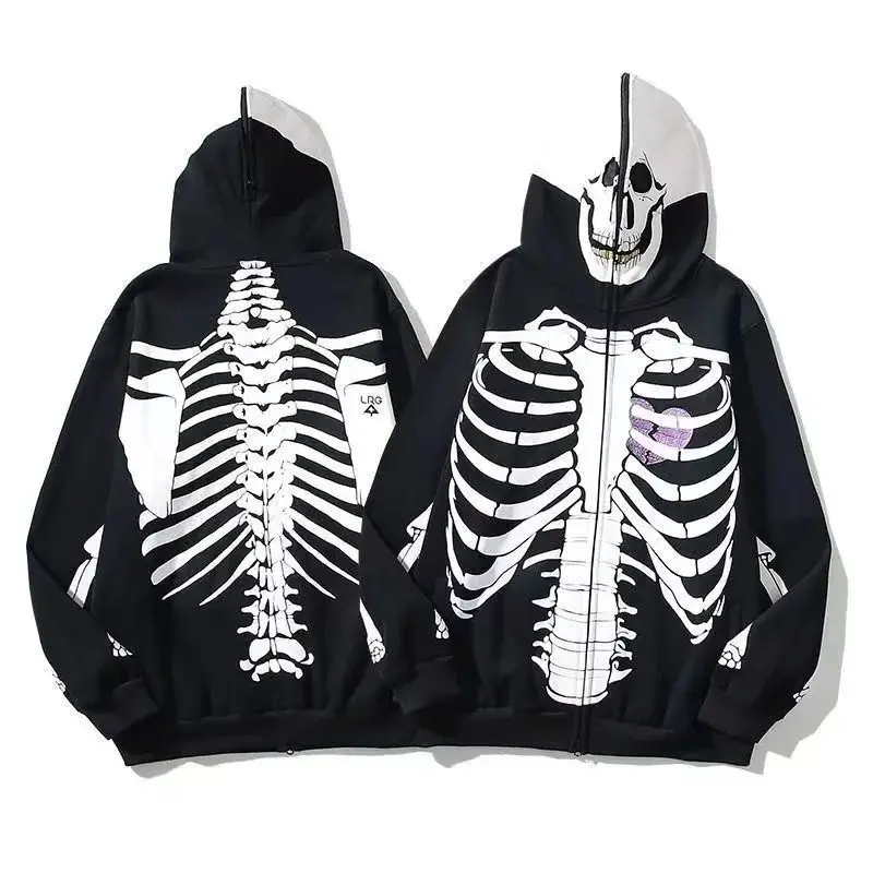 Dark Halloween Skeleton Bones Men Long Sleeve Hooded Cardigan Sweatshirt Fall Winter Fashion Funny Fear All-match Loose Clothing