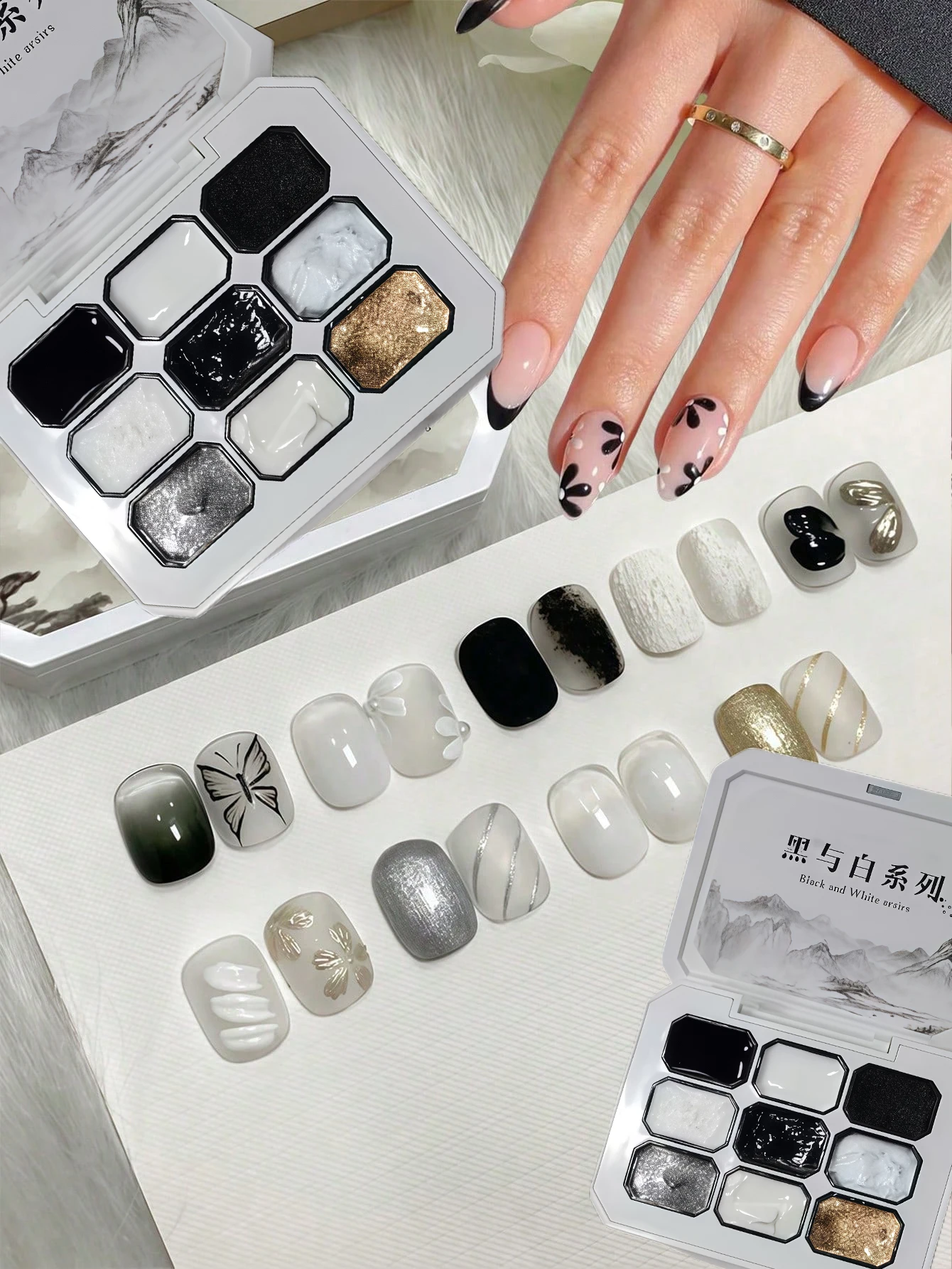 

9 Colors Solid Painting Gel Polish Kit, Black and white nail polish tape plaster glue and gold and silver nail polish glue Ombre