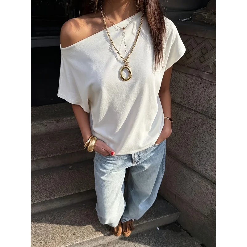 Women'S Loose Crew Neck-Shirt, Off-Shoulder Short Sleeve Casual Top Daily Leisure And Parties (Bust Size 88)