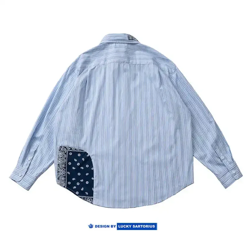 Lucky Sartorius Japanese Ethnic Style Cashew Flower Patchwork Contrasting Loose Casual Long Sleeved Shirt for Men New Arrival