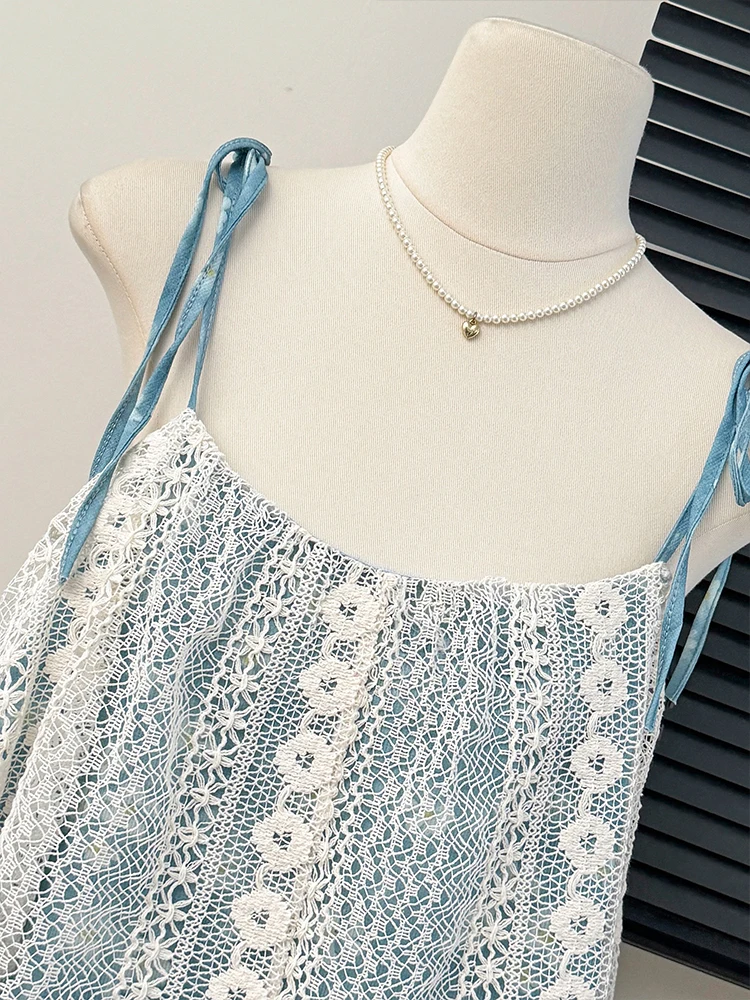 Patchwork Lace-up Floral Camisole For Women Summer New Casual Hollow Tassel Vest Versatile Commuting Beach Vacation Female Tops